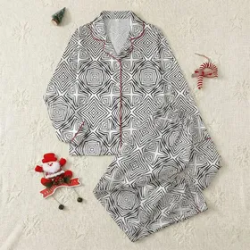 Women's Classic Black & White Interlocking Geometric Woven Pattern Satin Pajamas Set