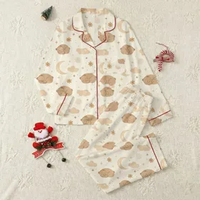 Women's Dreamy Hand-Drawn Teddy Bear Moon Cloud Star Floral Pattern in Soft Cream & Caramel Satin Pajamas Set