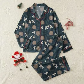 Women's Illustrative Hand-Drawn Sepia Rose Ivory Lily Petrol Blue Botanical Satin Pajamas Set