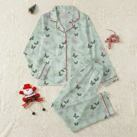 Women's Soft Pale Mint Green Whimsical Lavender Butterfly & Delicate Charcoal Outlined Floral Sprigs Satin Pajamas Set
