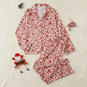Women's Hand-Drawn Crimson Floral Bloom & Vine Pattern on Cream Off-White Satin Pajamas Set