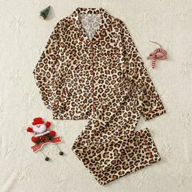 Women's Intricate Leopard Spot Pattern in Chocolate Sepia & Creamy Beige with Painterly Brushstrokes Satin Pajamas Set