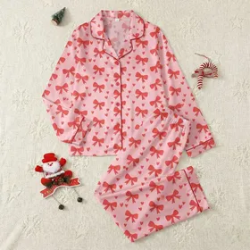 Women's Whimsical Bubblegum Pink Red Hand-Drawn Bows & Hearts Graphic Pattern Satin Pajamas Set