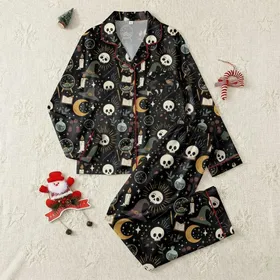 Mystical Aesthetic Lovers' Deep Charcoal Vintage Cottagecore Witch Art with Gold Moons, Sage Hats, Amber Potions, Skull & Rune Motifs Satin Pajamas Set