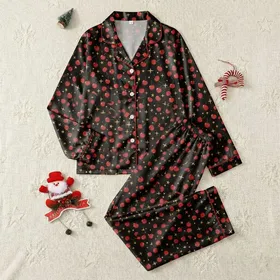 Women's Whimsical Ruby Red Cherry & Lemon Starburst Flat Graphic Black Pattern Satin Pajamas Set