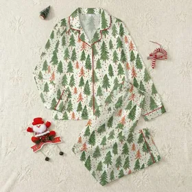 Women's Whimsical Christmas Forest Pattern, Hand-Drawn Evergreen Trees, Red-Orange Bows, Terracotta Dots, Creamy Off-White Satin Pajamas Set