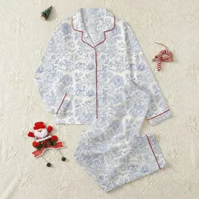 Women's Dusty Cornflower Blue Off-White Toile de Jouy Forest Animal Cottages Scene Satin Pajamas Set