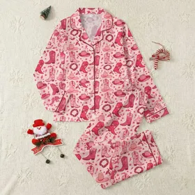 Women's Blush Pink Graphic Cowgirl Boots, Hats, Fuchsia Red Snakes & Lightning Star Pattern Satin Pajamas Set