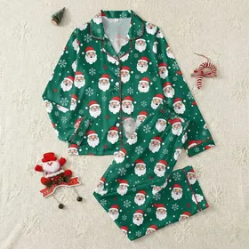 Holiday Enthusiasts' Seamless Playful Winking Santa & Geometric Snowflakes Pattern, Emerald Green, Vibrant Red, White Satin Pajamas Set