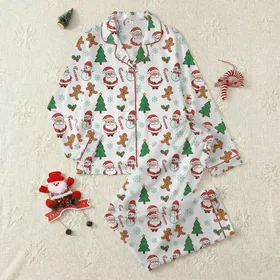 Festive Families' Cheerful Christmas Santa, Gingerbread & Snowman Cartoon Pattern with Holly & Blue Snowflakes Satin Pajamas Set