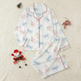 Ethereal Dreamer's Delicate Baby Blue Bows Pink Flowers Watercolor Relaxed Top Satin Pajamas Set