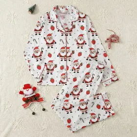 Women's Whimsical Cheerful Cartoon Santa Red Green Candy Cane Strawberry White Polka Dot Pattern Satin Pajamas Set