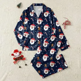 Women's Navy Blue Flat Graphic Whimsical Santa Gingerbread Candy Cane Snowflake Pattern Satin Pajamas Set