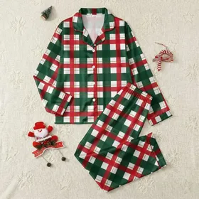 Bold Statement: Vibrant Red Green White Geometric Tartan Plaid Design Satin Pajamas Set