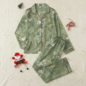 Nature Lover's Vintage Botanical Etching: Muted Sage Foliage Berries Garment Satin Pajamas Set