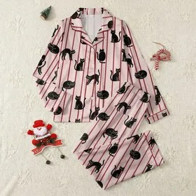 Women's Whimsical Pastel Pink Dark Red Stripe Solid Black Cartoon Cat Pattern Satin Pajamas Set