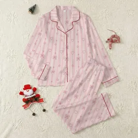 Women's Pale Pink Whimsical Hand-Drawn Bows, Hearts, Stars & Subtle Vertical Stripes Pattern Satin Pajamas Set