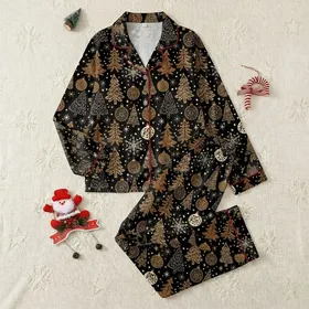 Vintage Christmas: Hand-Drawn Festive Trees & Baubles Pattern, Black & Gold Holiday Motif Satin Pajamas Set