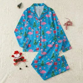Whimsical Christmas Flamingo: Hot Pink Flamingos, Santa Hats, Emerald Trees, Red Gift Boxes Holiday Theme Satin Pajamas Set
