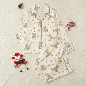 Whimsical Dreamer Cozy Sleep Set: Sleepy Teddy Bear & Celestial Moons Stars Pattern Satin Pajamas Set