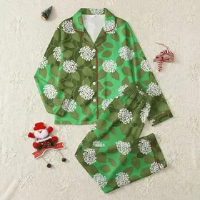 Women's Vintage Illustrative Emerald Olive Green Botanical Hydrangea Leaf Pattern Satin Pajamas Set