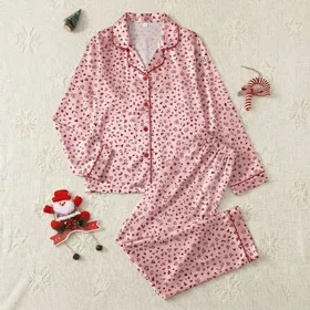 Women's Soft Pink Scattered Maroon Delicate Bow Heart Floral Pattern Satin Pajamas Set