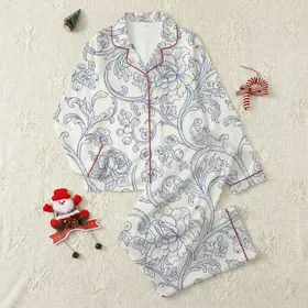 Women's Muted Indigo Blue & Cream Toile de Jouy Engraved Botanical Floral Pattern Satin Pajamas Set