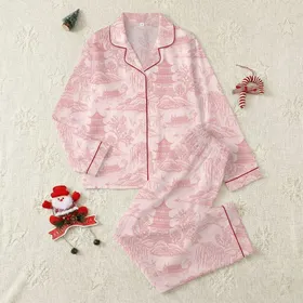 Dusty Rose & Soft Blush East Asian Toile Landscape: Pagodas, Deer, Cranes Wearable Motif Satin Pajamas Set