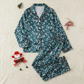 Nature Lover's Cherry Blossom Wearable: Delicate White Blooms, Birds & Red-Brown Branches on Teal Satin Pajamas Set
