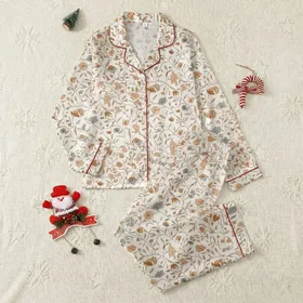 Women's Creamy Off-White Hand-Drawn Botanical Floral Olive-Brown Peach Dusty Blue Pattern Satin Pajamas Set