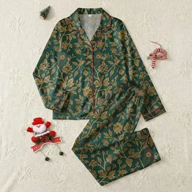 Women's Refined Emerald Green Antique Gold Ornate Floral Peacock Feather Hummingbird Repeat Satin Pajamas Set