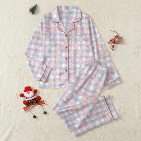 Sweet Whimsical Pastel Pink Bell Flower & Light Blue Gingham Pattern Dress Satin Pajamas Set