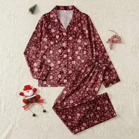 Vintage Charm: Maroon Rose & Berry Hand-Drawn Floral Motif Satin Pajamas Set