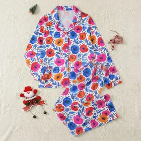 Women's Vibrant Illustrative Floral Pattern with Bold Navy Outlined Hot Pink Orange Royal Blue Poppies Satin Pajamas Set