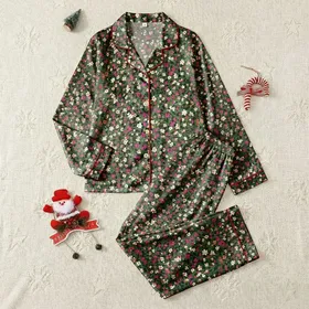 Women's Vintage Naive Deep Forest Green Ditsy Floral Pattern, Fuchsia Cream Brown Satin Pajamas Set