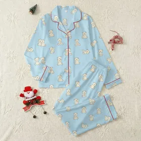 Cozy Home Lovers' Charming Light Blue Cream Illustrative Flat Teddy Bear Pattern Satin Pajamas Set