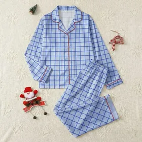 Modern Style Enthusiasts' Pale Sky Blue & White Micro-Gingham Vivid Royal Blue Grid Satin Pajamas Set