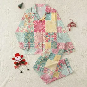 Women's Eclectic Patchwork Retro Textile Floral Damask Geometric Medallion Bright Pastels Satin Pajamas Set