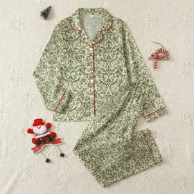 Women's Classic Warm Beige Forest Green Ornate Damask Acanthus Pattern Satin Pajamas Set