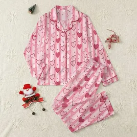 Women's Sweet Pink Hearts & Red X-Marks on Vertical Pastel Pink Stripes Satin Pajamas Set