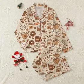 Coffee Lovers' Whimsical Hand-Drawn Coffee & Donut Pattern, Light Beige, Espresso Cups & Caramel Brown Accents Satin Pajamas Set