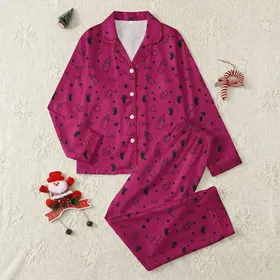 Expectant Mothers' Deep Magenta Baby Love Pattern with Charcoal Black Minimalist Baby Bottles, Stars, Footprints Satin Pajamas Set