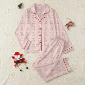 Women's Minimalist Hand-Drawn Soft Pink Cherry Cluster Pattern Light Green Leaves Satin Pajamas Set
