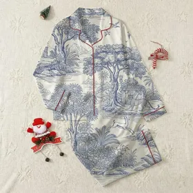 Women's Vintage Toile Cobalt Blue & Cream Exotic Landscape Cheetah Gazelle Pattern Satin Pajamas Set