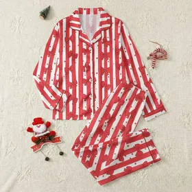 Women's Vibrant Red White Stripe Sweet Playful Bow Polka Dot Star Pattern Satin Pajamas Set