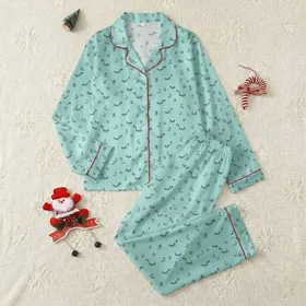 Women's Light Aqua Minimalist Black Outline Eyelash Zzz Moon Star Repeat Pattern Satin Pajamas Set