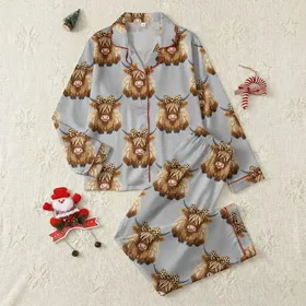 Women's Fluffy Brown Baby Highland Cow Leopard Bow Seamless Pattern on Heather Grey Satin Pajamas Set