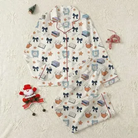 Women's Whimsical Navy & Terracotta Storybook Pattern with Clocks, Books & Bows Satin Pajamas Set