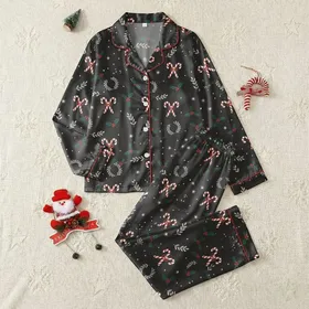 Women's Hand-Drawn Vintage Rustic Christmas Candy Cane & Holly Dark Charcoal Motif Satin Pajamas Set