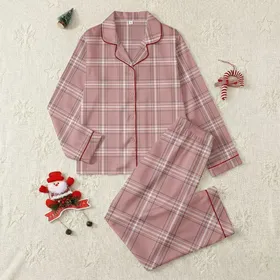 Women's Dusty Rose White Charcoal Black Classic Tartan Plaid Geometric Pattern Satin Pajamas Set